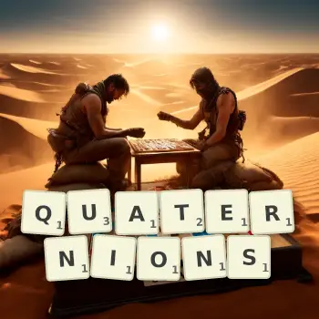 Creative illustration for a Scrabble game with the word QUATERNIONS spelled out in tiles on the board.