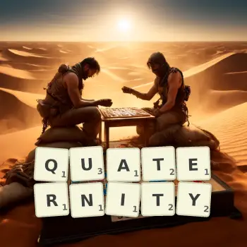 Creative illustration for a Scrabble game with the word QUATERNITY spelled out in tiles on the board.