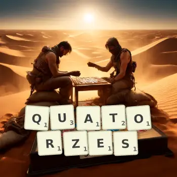 Creative illustration for a Scrabble game with the word QUATORZES spelled out in tiles on the board.