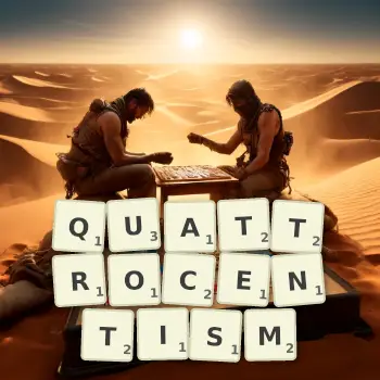 Creative illustration for a Scrabble game with the word QUATTROCENTISM spelled out in tiles on the board.