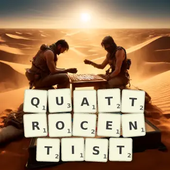 Creative illustration for a Scrabble game with the word QUATTROCENTIST spelled out in tiles on the board.