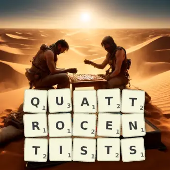 Creative illustration for a Scrabble game with the word QUATTROCENTISTS spelled out in tiles on the board.