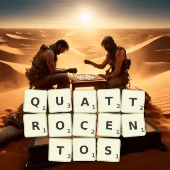 Creative illustration for a Scrabble game with the word QUATTROCENTOS spelled out in tiles on the board.