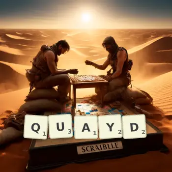 Creative illustration for a Scrabble game with the word QUAYD spelled out in tiles on the board.