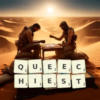 Creative illustration for a Scrabble game with the word QUEECHIEST spelled out in tiles on the board.