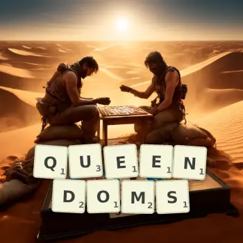 Creative illustration for a Scrabble game with the word QUEENDOMS spelled out in tiles on the board.