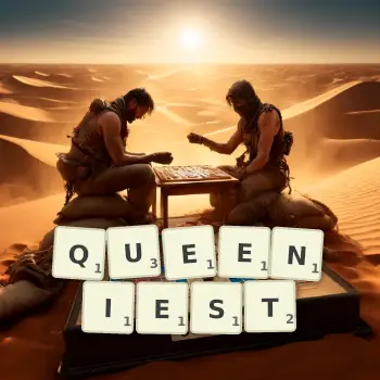 Creative illustration for a Scrabble game with the word QUEENIEST spelled out in tiles on the board.