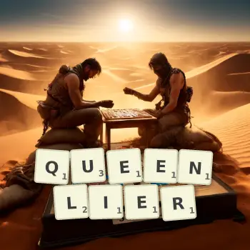Creative illustration for a Scrabble game with the word QUEENLIER spelled out in tiles on the board.