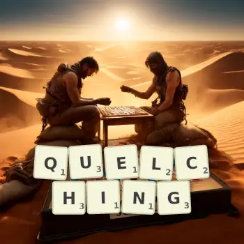 Creative illustration for a Scrabble game with the word QUELCHING spelled out in tiles on the board.