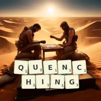 Creative illustration for a Scrabble game with the word QUENCHING spelled out in tiles on the board.