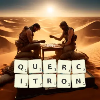 Creative illustration for a Scrabble game with the word QUERCITRON spelled out in tiles on the board.
