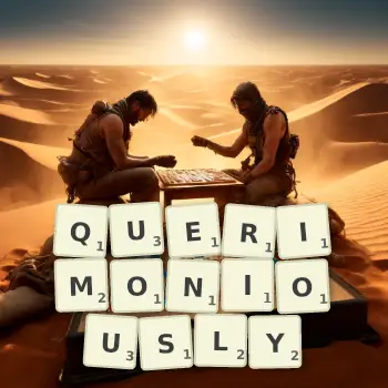 Creative illustration for a Scrabble game with the word QUERIMONIOUSLY spelled out in tiles on the board.