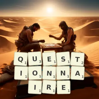 Creative illustration for a Scrabble game with the word QUESTIONNAIRE spelled out in tiles on the board.
