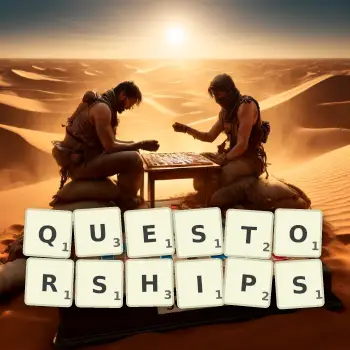 Creative illustration for a Scrabble game with the word QUESTORSHIPS spelled out in tiles on the board.