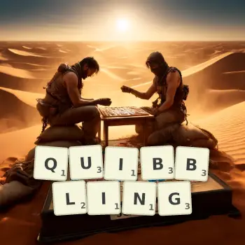 Creative illustration for a Scrabble game with the word QUIBBLING spelled out in tiles on the board.