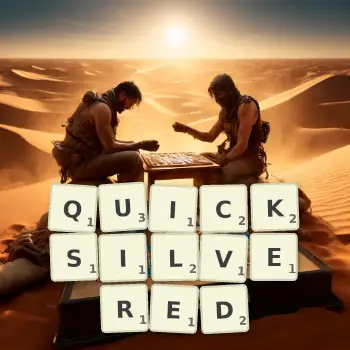 Creative illustration for a Scrabble game with the word QUICKSILVERED spelled out in tiles on the board.