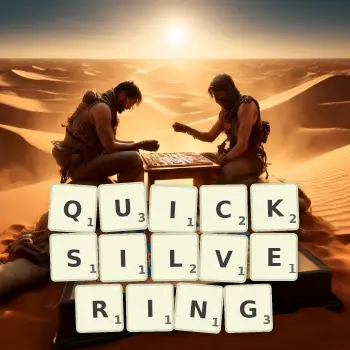 Creative illustration for a Scrabble game with the word QUICKSILVERING spelled out in tiles on the board.