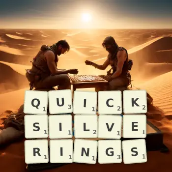Creative illustration for a Scrabble game with the word QUICKSILVERINGS spelled out in tiles on the board.