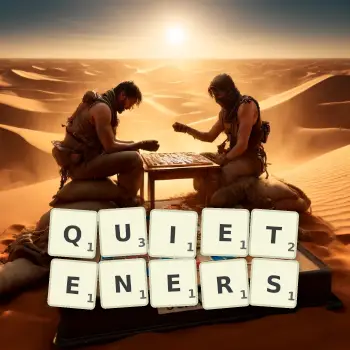 Creative illustration for a Scrabble game with the word QUIETENERS spelled out in tiles on the board.