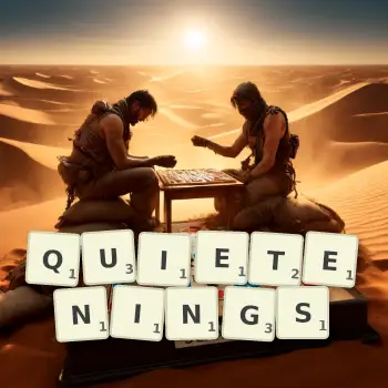 Creative illustration for a Scrabble game with the word QUIETENINGS spelled out in tiles on the board.