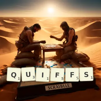 Creative illustration for a Scrabble game with the word QUIFFS spelled out in tiles on the board.