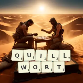 Creative illustration for a Scrabble game with the word QUILLWORT spelled out in tiles on the board.