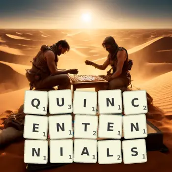 Creative illustration for a Scrabble game with the word QUINCENTENNIALS spelled out in tiles on the board.