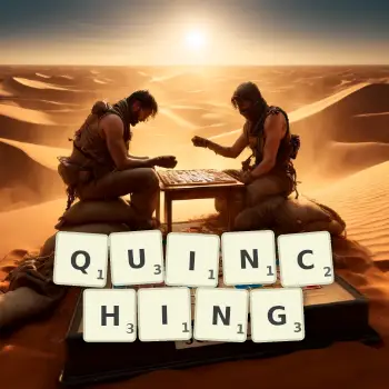 Creative illustration for a Scrabble game with the word QUINCHING spelled out in tiles on the board.