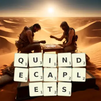 Creative illustration for a Scrabble game with the word QUINDECAPLETS spelled out in tiles on the board.