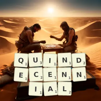 Creative illustration for a Scrabble game with the word QUINDECENNIAL spelled out in tiles on the board.