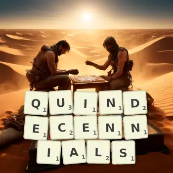 Creative illustration for a Scrabble game with the word QUINDECENNIALS spelled out in tiles on the board.