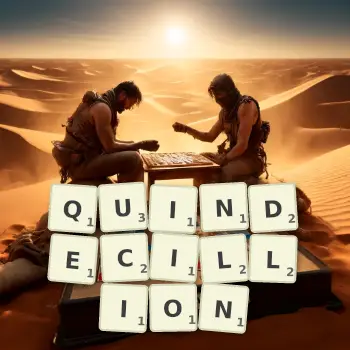 Creative illustration for a Scrabble game with the word QUINDECILLION spelled out in tiles on the board.
