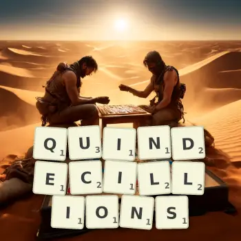 Creative illustration for a Scrabble game with the word QUINDECILLIONS spelled out in tiles on the board.
