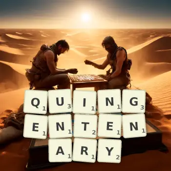 Creative illustration for a Scrabble game with the word QUINGENTENARY spelled out in tiles on the board.