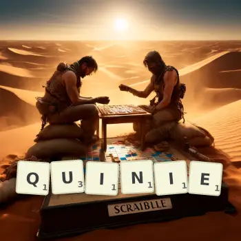 Creative illustration for a Scrabble game with the word QUINIE spelled out in tiles on the board.