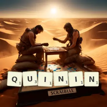 Creative illustration for a Scrabble game with the word QUININ spelled out in tiles on the board.