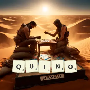 Creative illustration for a Scrabble game with the word QUINO spelled out in tiles on the board.