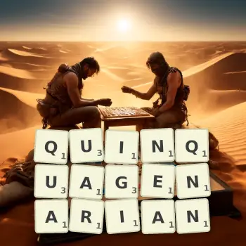 Creative illustration for a Scrabble game with the word QUINQUAGENARIAN spelled out in tiles on the board.
