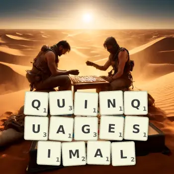 Creative illustration for a Scrabble game with the word QUINQUAGESIMAL spelled out in tiles on the board.