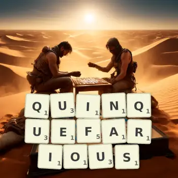 Creative illustration for a Scrabble game with the word QUINQUEFARIOUS spelled out in tiles on the board.