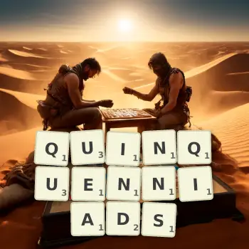 Creative illustration for a Scrabble game with the word QUINQUENNIADS spelled out in tiles on the board.