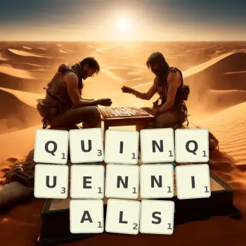 Creative illustration for a Scrabble game with the word QUINQUENNIALS spelled out in tiles on the board.