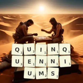 Creative illustration for a Scrabble game with the word QUINQUENNIUMS spelled out in tiles on the board.