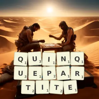 Creative illustration for a Scrabble game with the word QUINQUEPARTITE spelled out in tiles on the board.