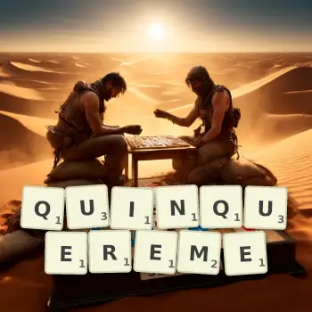 Creative illustration for a Scrabble game with the word QUINQUEREME spelled out in tiles on the board.