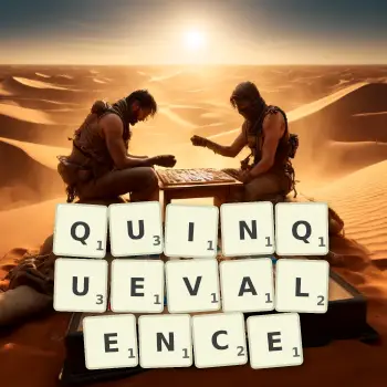 Creative illustration for a Scrabble game with the word QUINQUEVALENCE spelled out in tiles on the board.