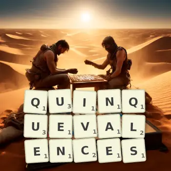 Creative illustration for a Scrabble game with the word QUINQUEVALENCES spelled out in tiles on the board.