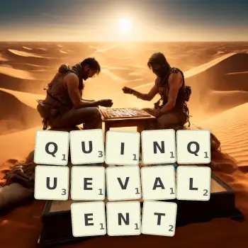 Creative illustration for a Scrabble game with the word QUINQUEVALENT spelled out in tiles on the board.