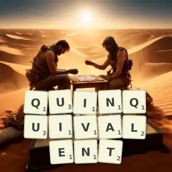 Creative illustration for a Scrabble game with the word QUINQUIVALENT spelled out in tiles on the board.