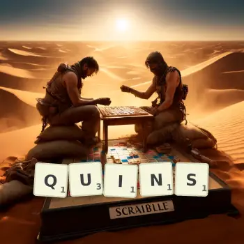 Creative illustration for a Scrabble game with the word QUINS spelled out in tiles on the board.